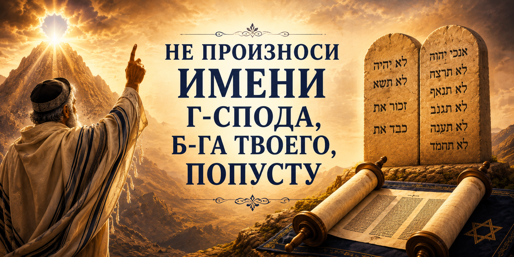 Иллюстрация к третьей заповеди Торы «Не произноси Имени Г-спода попусту»: человек в талите у горы Синай, свиток Торы, каменные скрижали с заповедями и золотой небесный свет. Духовная атмосфера святости речи и уважения к Имени Вс-вышнего.