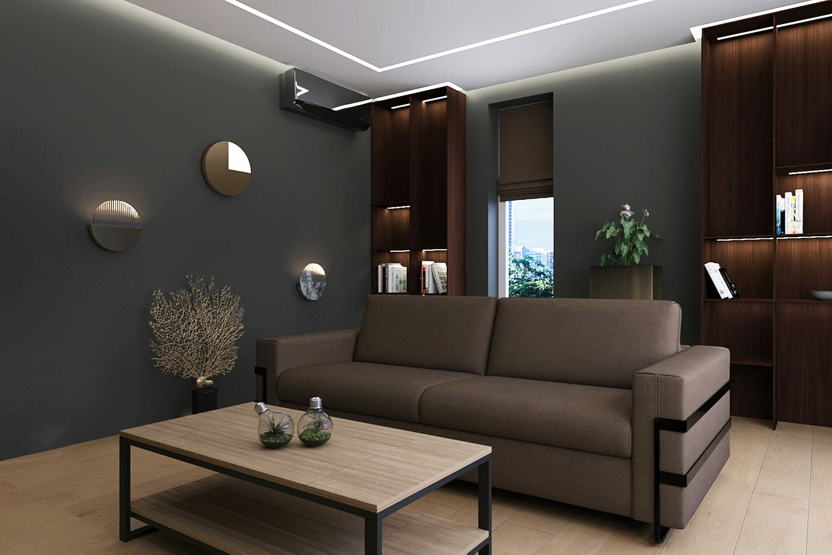 Дизайн современного интерьера тёмно-серой гостиной с коричневым диваном и линейным светильником
