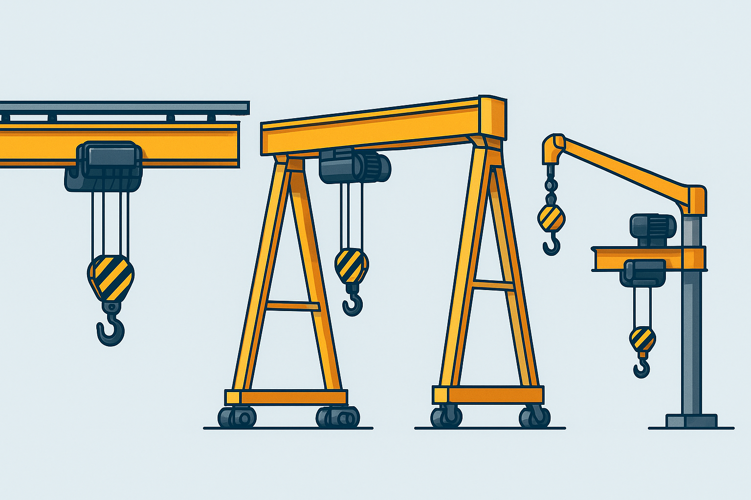 Иллюстрация различных типов грузоподъёмных кранов мостовой кран козловой кран и консольный кран на светлом фоне