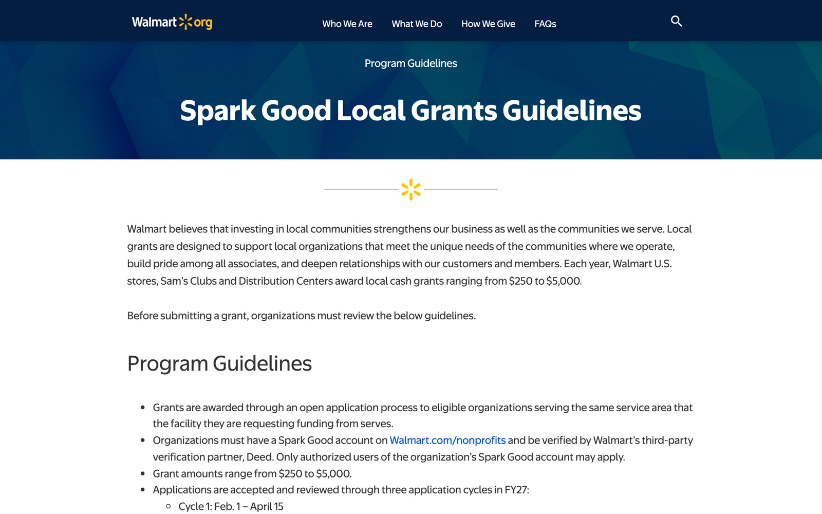 Walmart Spark Good Local Grants homepage screenshot: Walmart.org programme guidelines for local community grants