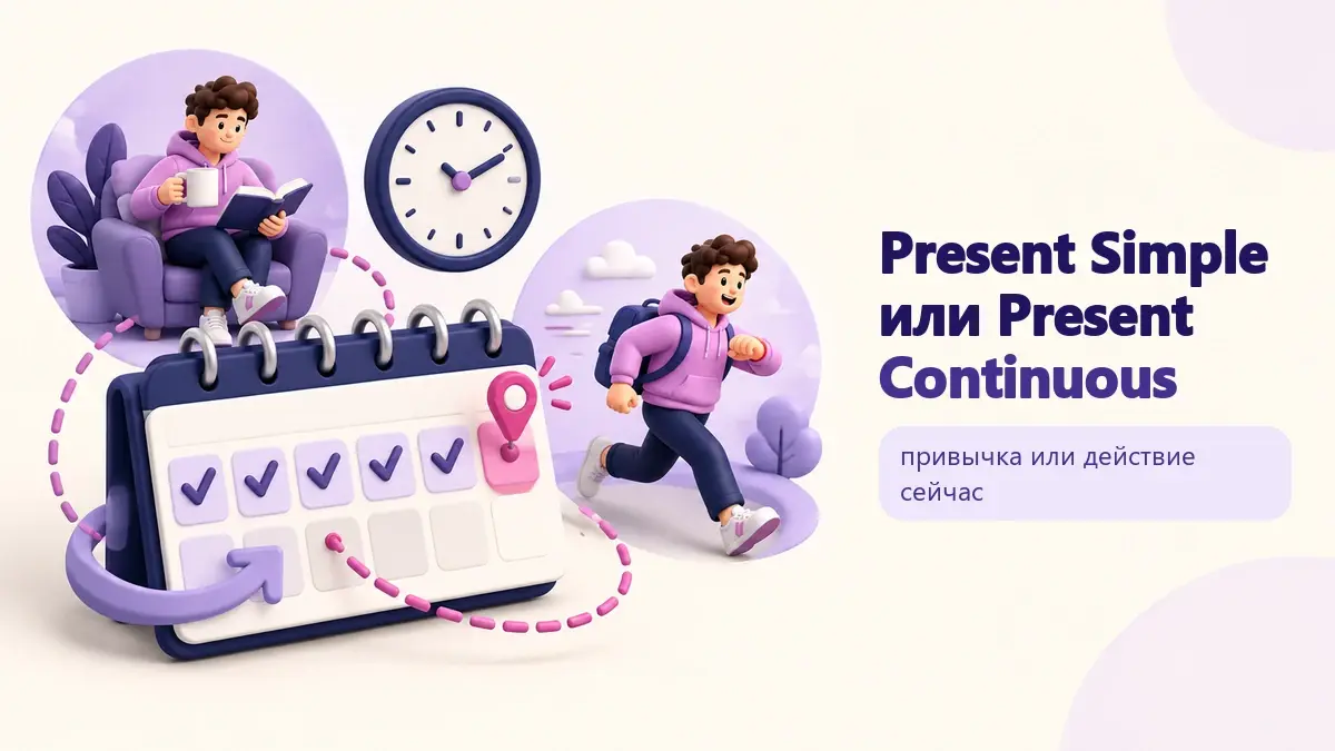 Обложка статьи «Present Simple или Present Continuous»: тематическая учебная композиция LaRou