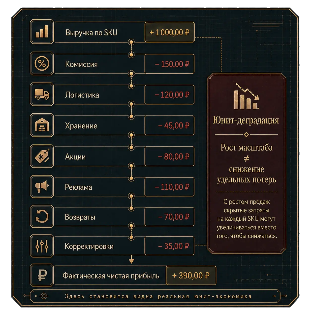 Панель Project61 с разбором юнит-экономики SKU: выручка, вычеты по комиссиям, логистике, хранению, акциям, рекламе, возвратам и корректировкам, итоговая фактическая чистая прибыль и модуль «Юнит-деградация».
