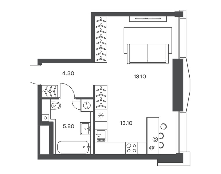 Планировка 1-комнатной квартиры 36,3 м² в ЖК «Инджой»: секция 6, 16-й этаж