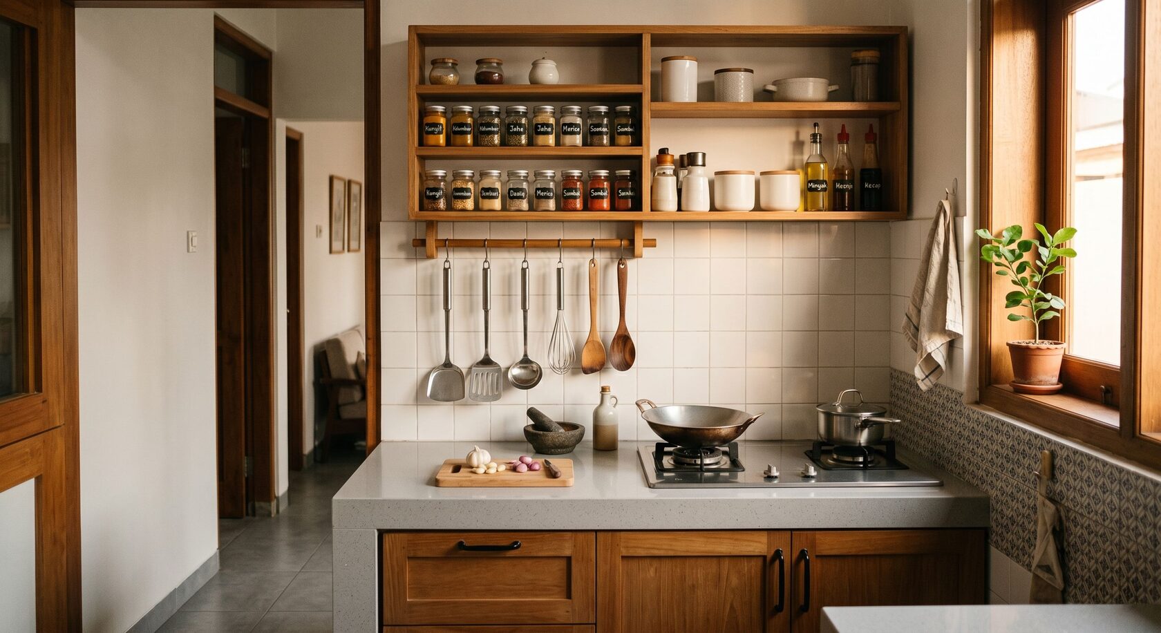 Rak dinding dapur kecil untuk menyimpan bumbu dan alat masak