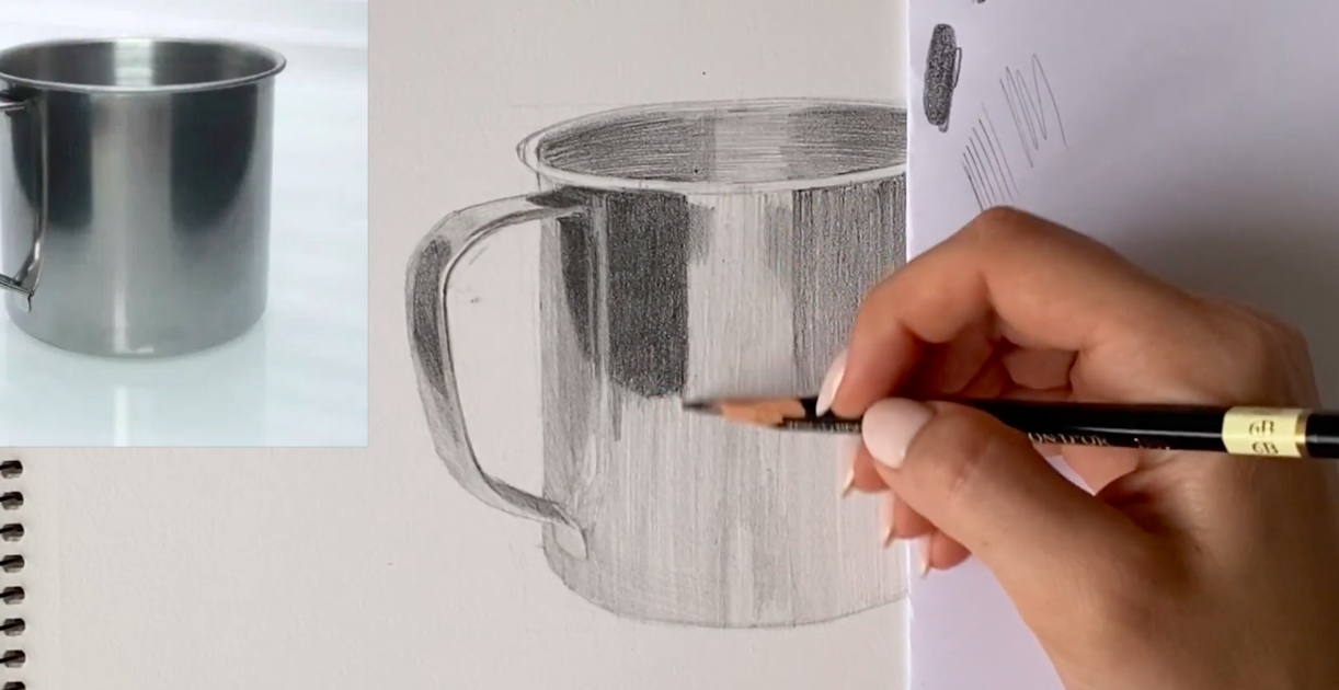 How to add shadows and light to a cup drawing with a pencil?