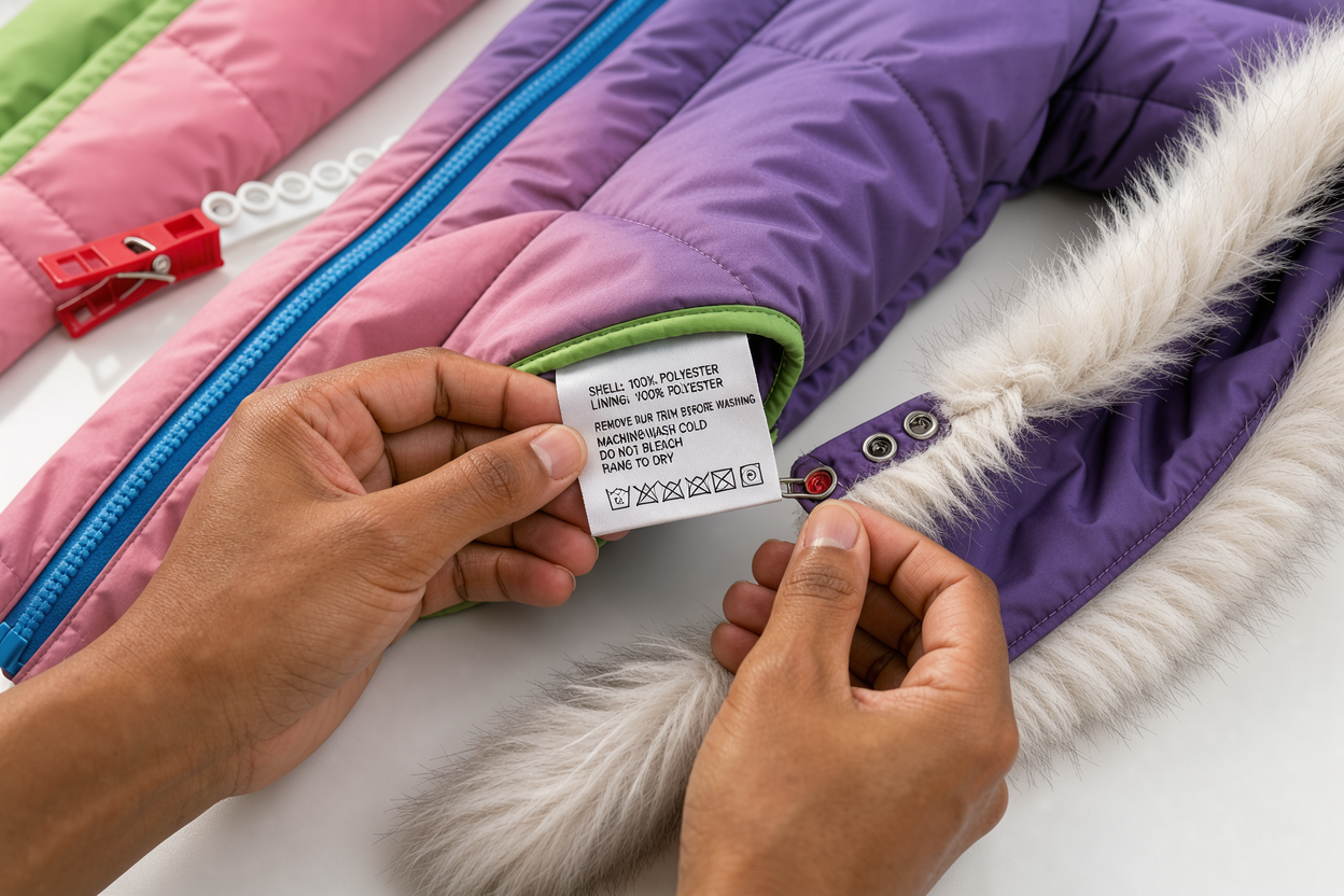 Close-up of hands checking a clothing care label and clipping off a detachable fur trim from a winter coat, focusing on preparation steps