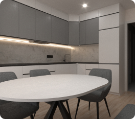 Разработка кухни, белый фасад, коричневая столешка, островок на кухне, интерьер, разработка мебели, создание мебели, заказ мебели, кухонная мебель, 3Д визуализация кухни, модель кухни, визуализация кухни, проект кухни