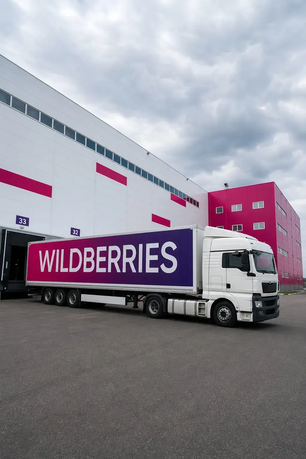 Фура Wildberries под разгрузкой у ворот складского комплекса