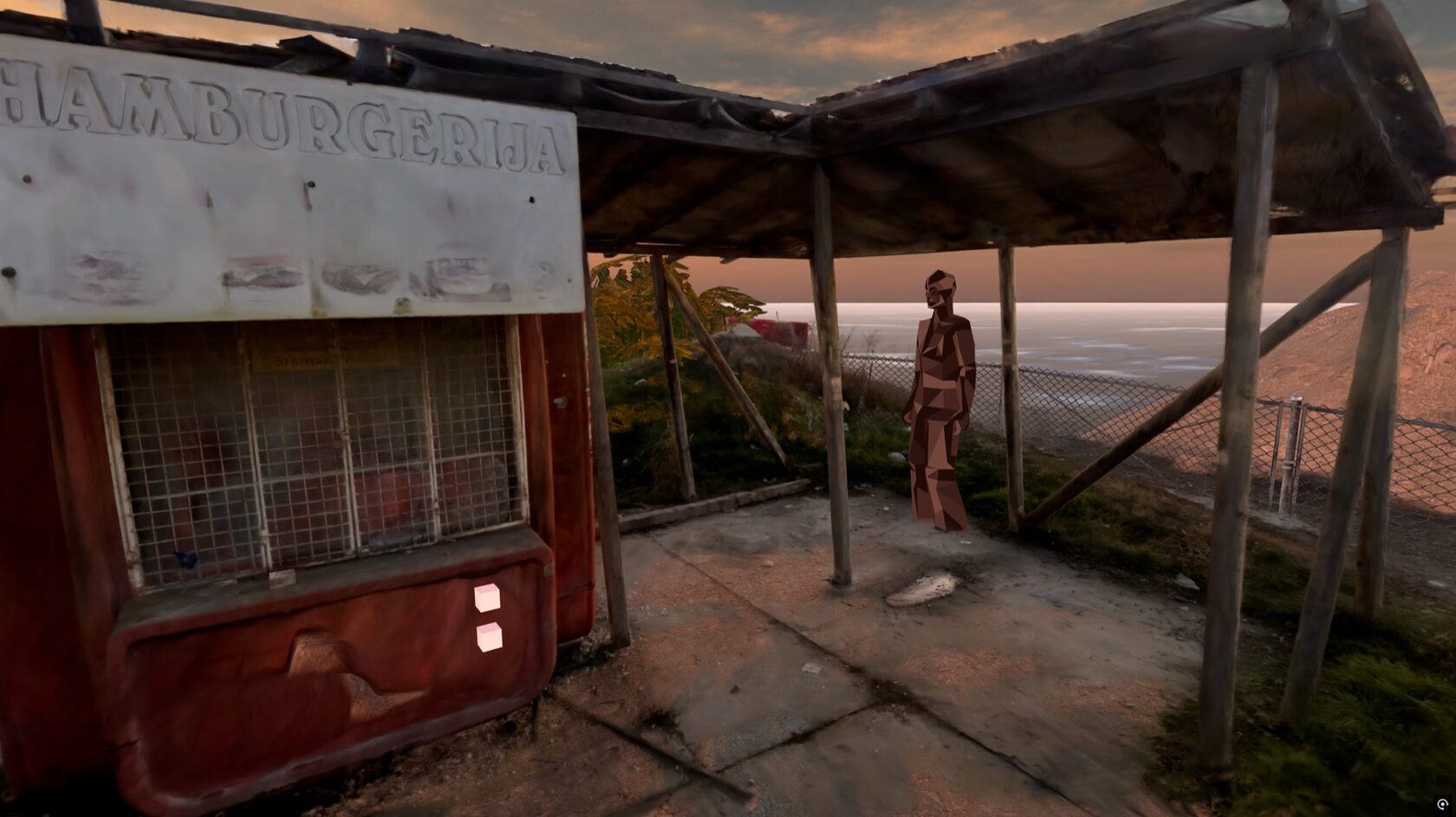 VISARUN kiosk sign and waiting zone with sea behind it
