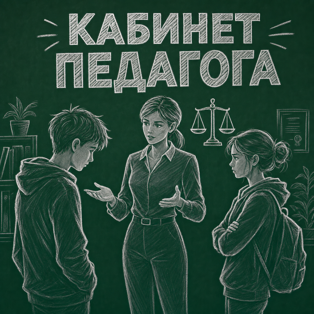 Иллюстрация: педагог разговаривает с двумя учениками на фоне школьной доски — «Кабинет педагога»