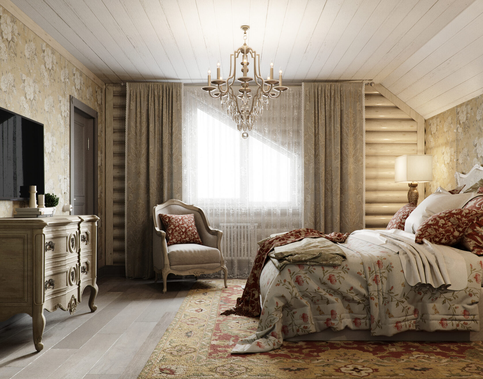 Спальня в стиле Прованс в деревянном доме