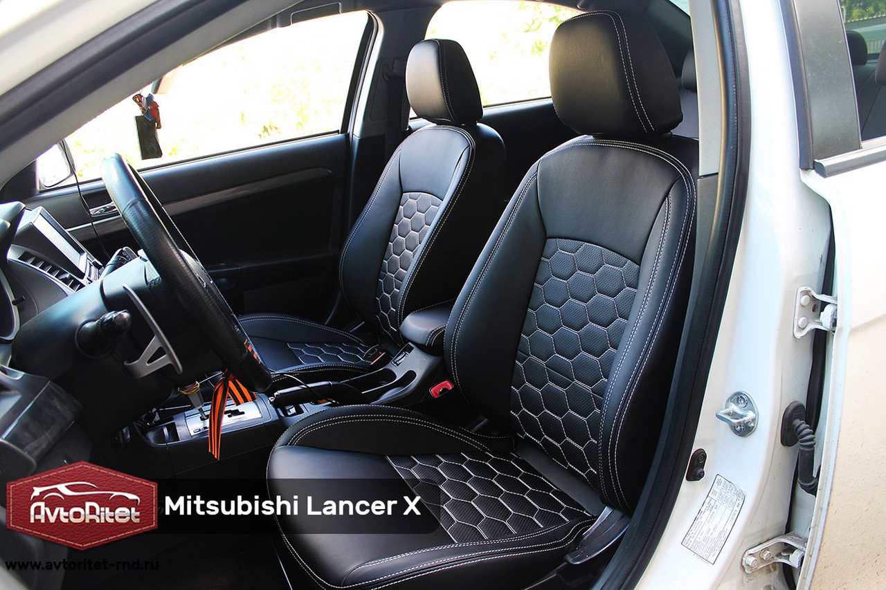 Каркасные чехлы на сиденья Mitsubishi Lancer 10, модельные из экокожи, фото  салона, заказать с установкой, отзывы