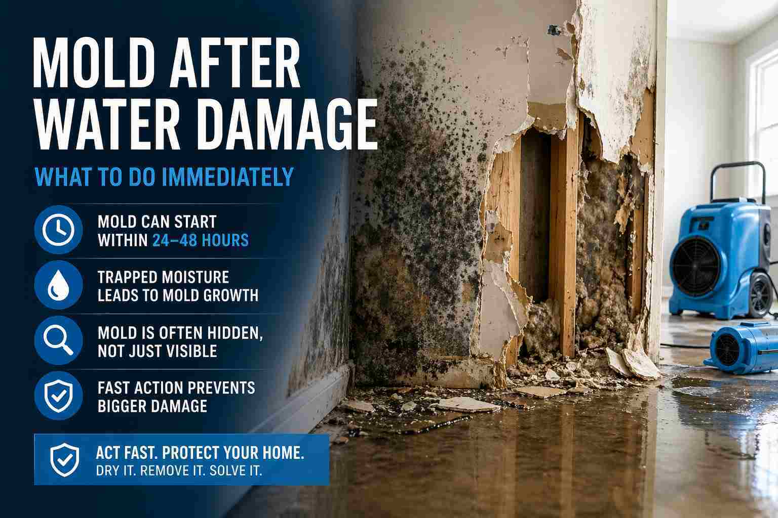 mold growth on drywall after water damage with dehumidifier in room Virginia home