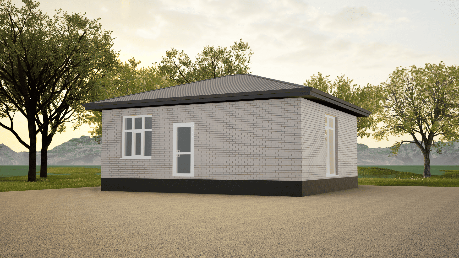 Маленький одноэтажный дом в Ставрополе из белого силикатного кирпича с белыми окнами и темной крышей цвета серый графит