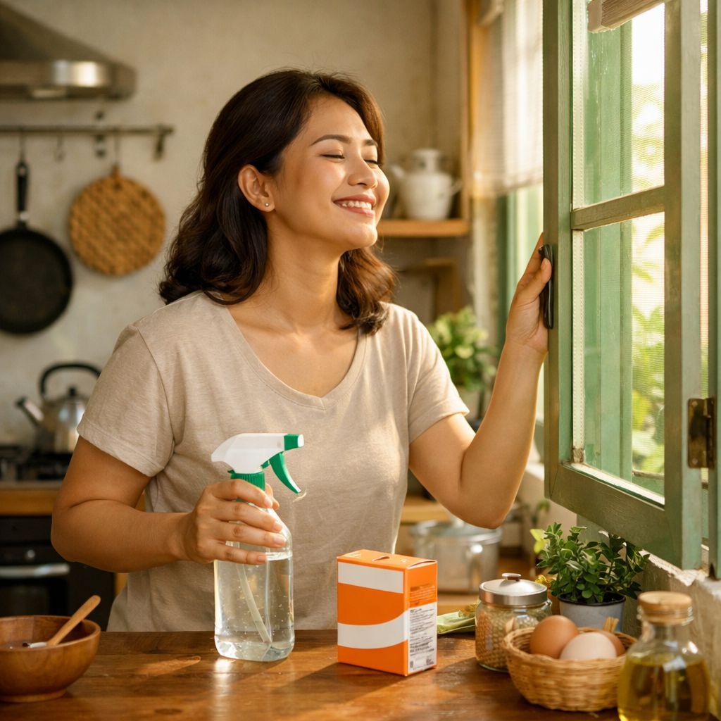 Membuka jendela dapur untuk mengurangi bau rumah dan memperbaiki sirkulasi udara di area memasak