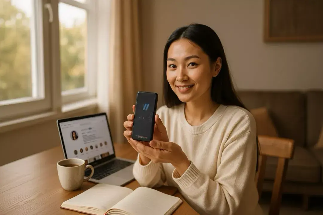 Девушка блогер использует БРТ прибор WebWellness для восстановления энергии