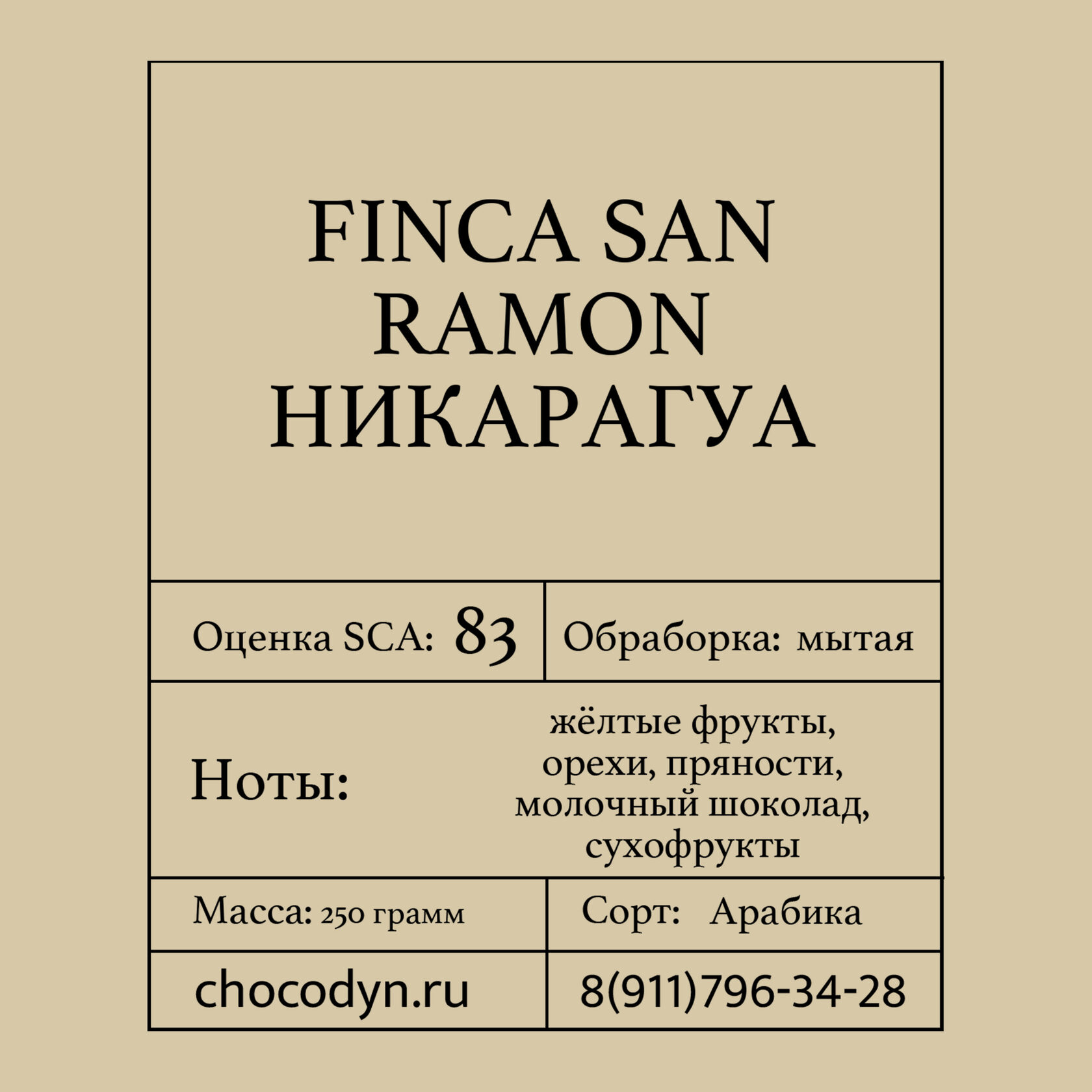 Упаковка свежеобжаренного кофе "FINCA SAN RAMON" НИКАРАГУА (арабика, 250 г) на фоне кофейных зёрен — ассортимент кофейного направления компании