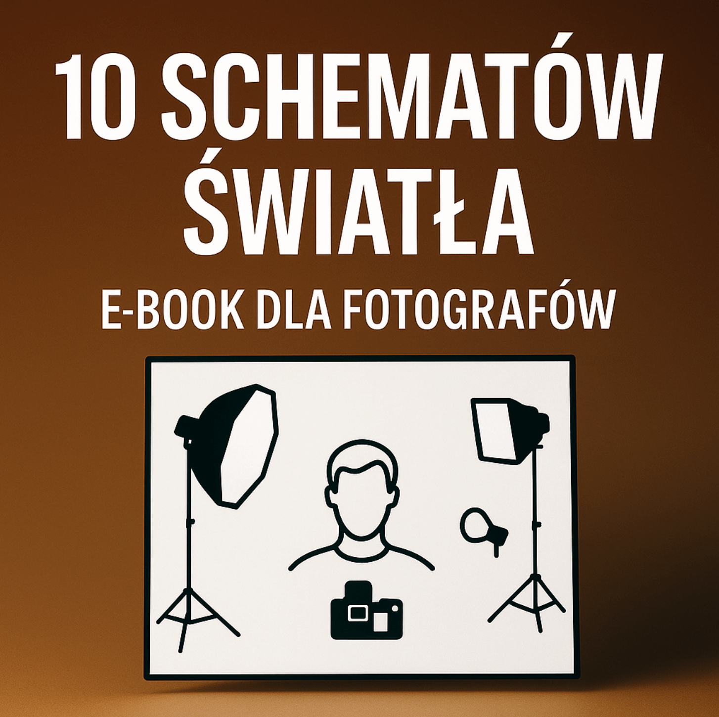 Okładka e-booka '10 schematów światła w studio fotograficznym' przedstawiająca elegancki dokument z ikoną aparatu fotograficznego, skierowana do fotografów poszukujących inspiracji do oświetlenia studyjnego. Estetyczny i nowoczesny design graficzny