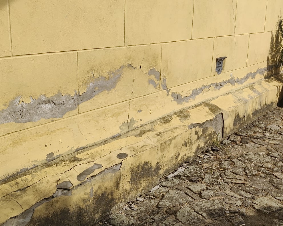 стена разрушающаяся из-за капиллярного подъема влаги, разрушение стены из-за повышенной влажности в ней грунтовые воды поднимающиеся по капиллярам 