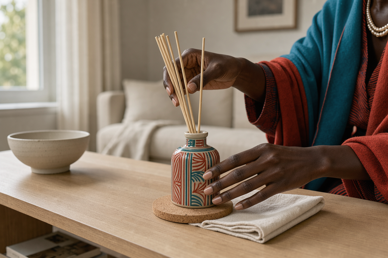 hands flipping reed sticks in a small decorative bottle on a coaster, with a small towel to catch drops and a neutral home background