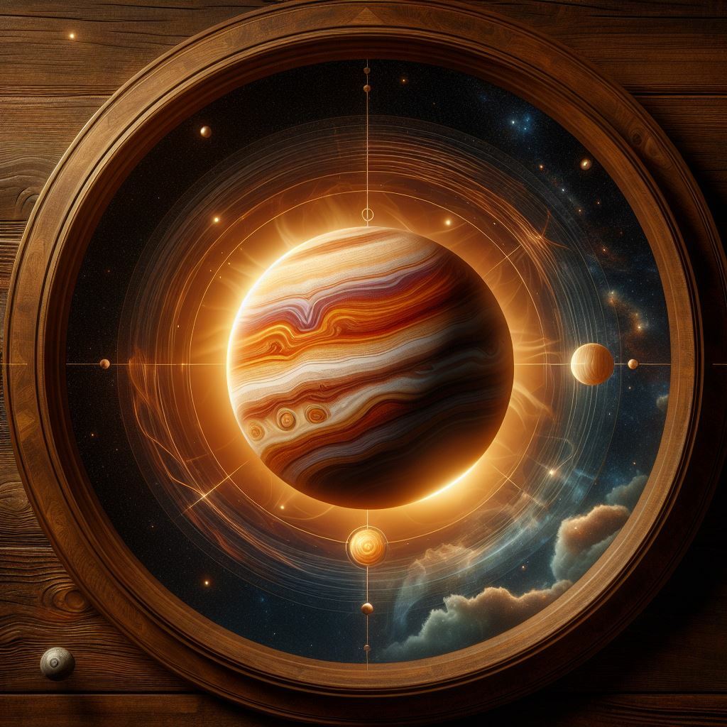 Изображение показывает зрелищную сцену планеты, похожей на Юпитер, заключенной в круглую деревянную рамку. Планета очень детальная, демонстрируя свои знаменитые вихревые узоры и цвета. Она освещена, создавая свет, который подчеркивает древесные волокна и