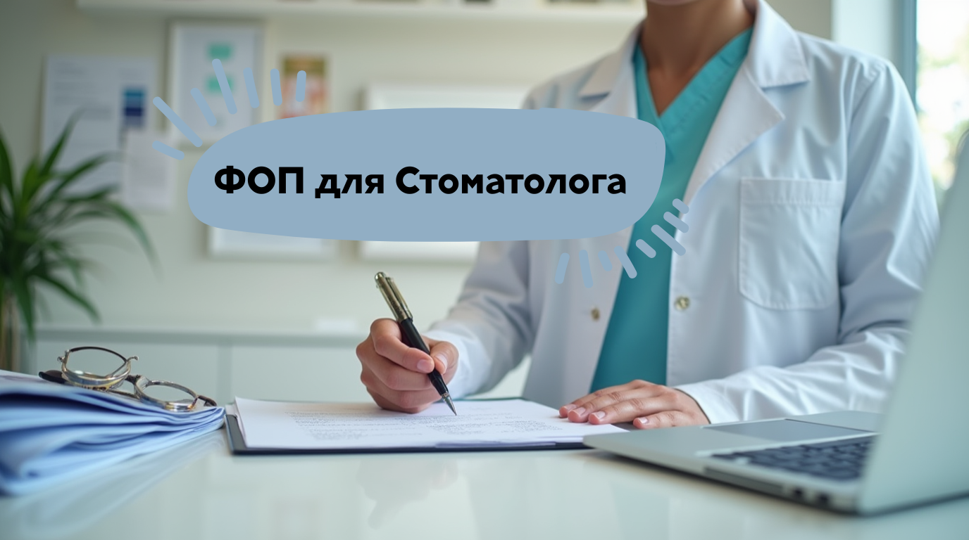 Ілюстрація для статті про реєстрацію ФОП стоматолога у 2025 році: стоматологічне крісло, документи, ліцензія, податки, облік