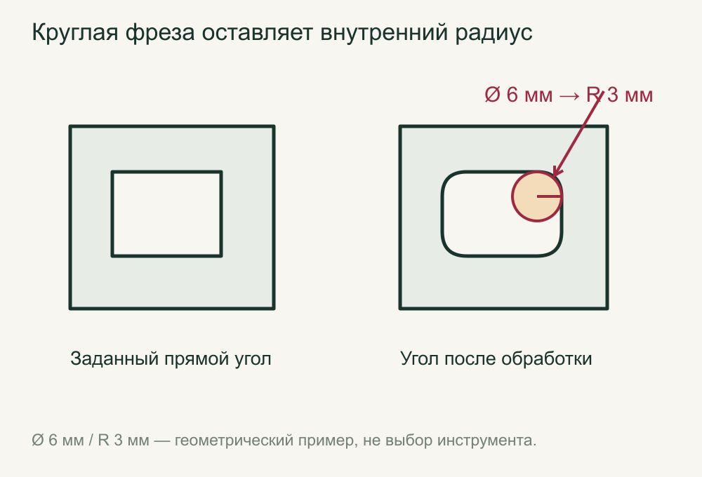 Внутренний радиус R3 при условной фрезе диаметром 6 мм