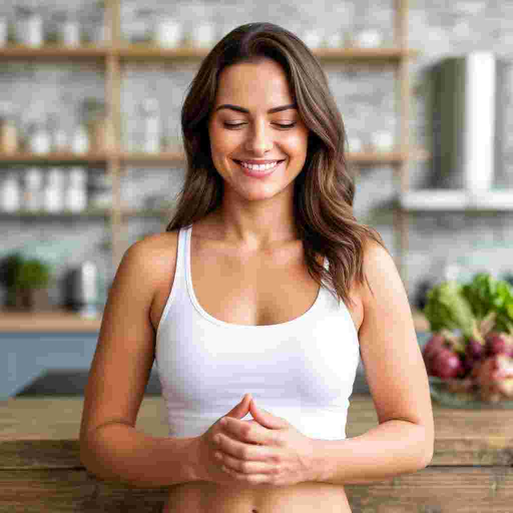 женщина стоит на весах, руки в стороны, вес не изменился — стресс и недоумение