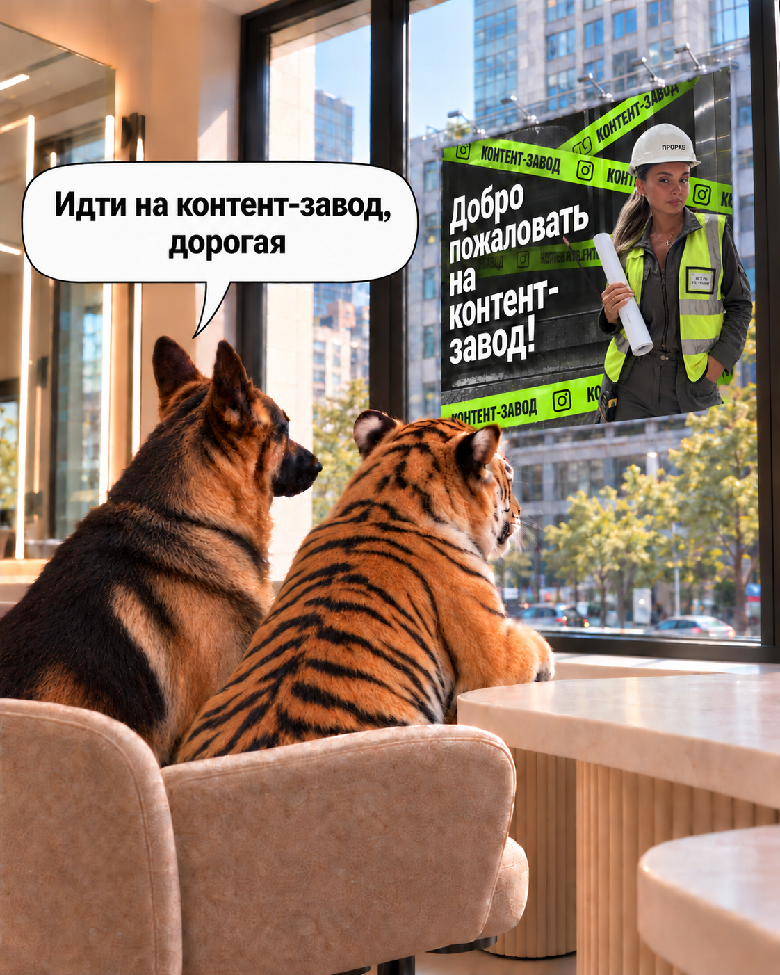 Собачка и тигр смотрят на баннер Контент-завод. Собачка говорит: Идти на контент-завод, дорогая.