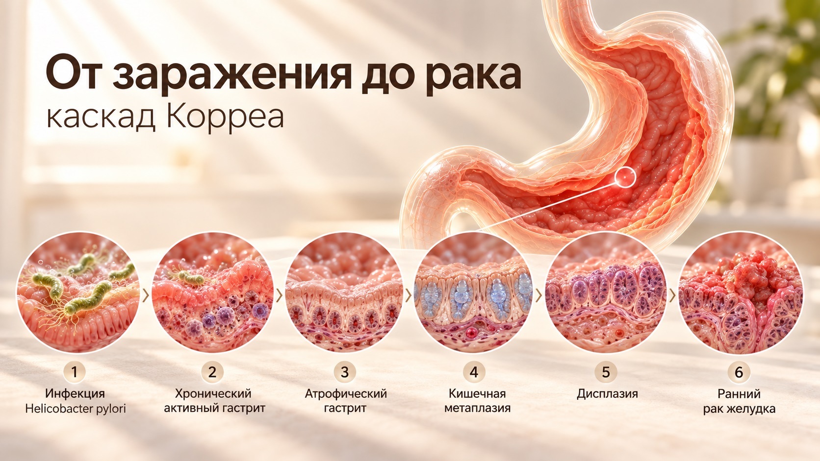 Каскад Корреа: инфекция, хронический гастрит, атрофический гастрит, кишечная метаплазия, дисплазия, ранний рак желудка