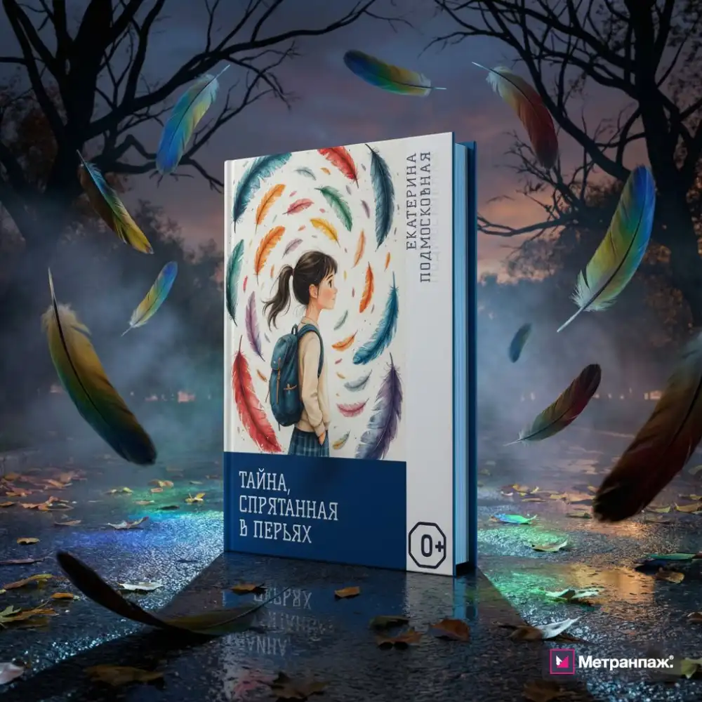 Мокап книги с летящими перьями в сумеречной сцене