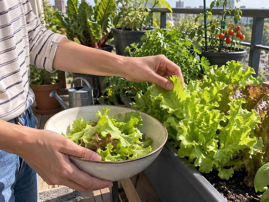 Hands harvesting lettuce from a beginner balcony vegetable garden
