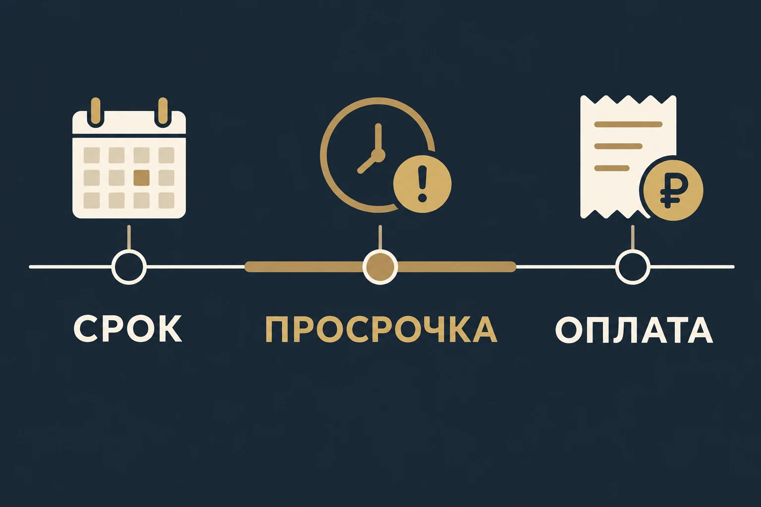 Концептуальная временная шкала: срок исполнения, начало просрочки и фактическая оплата