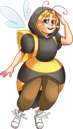 An illustration of a girl dressed as a cheerful bee for a children's play