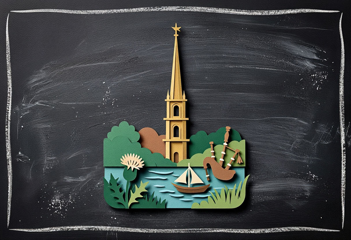 Paper-cut illustration: a golden spire above a river, a Scottish bagpipe and a thistle in the BlackWood style