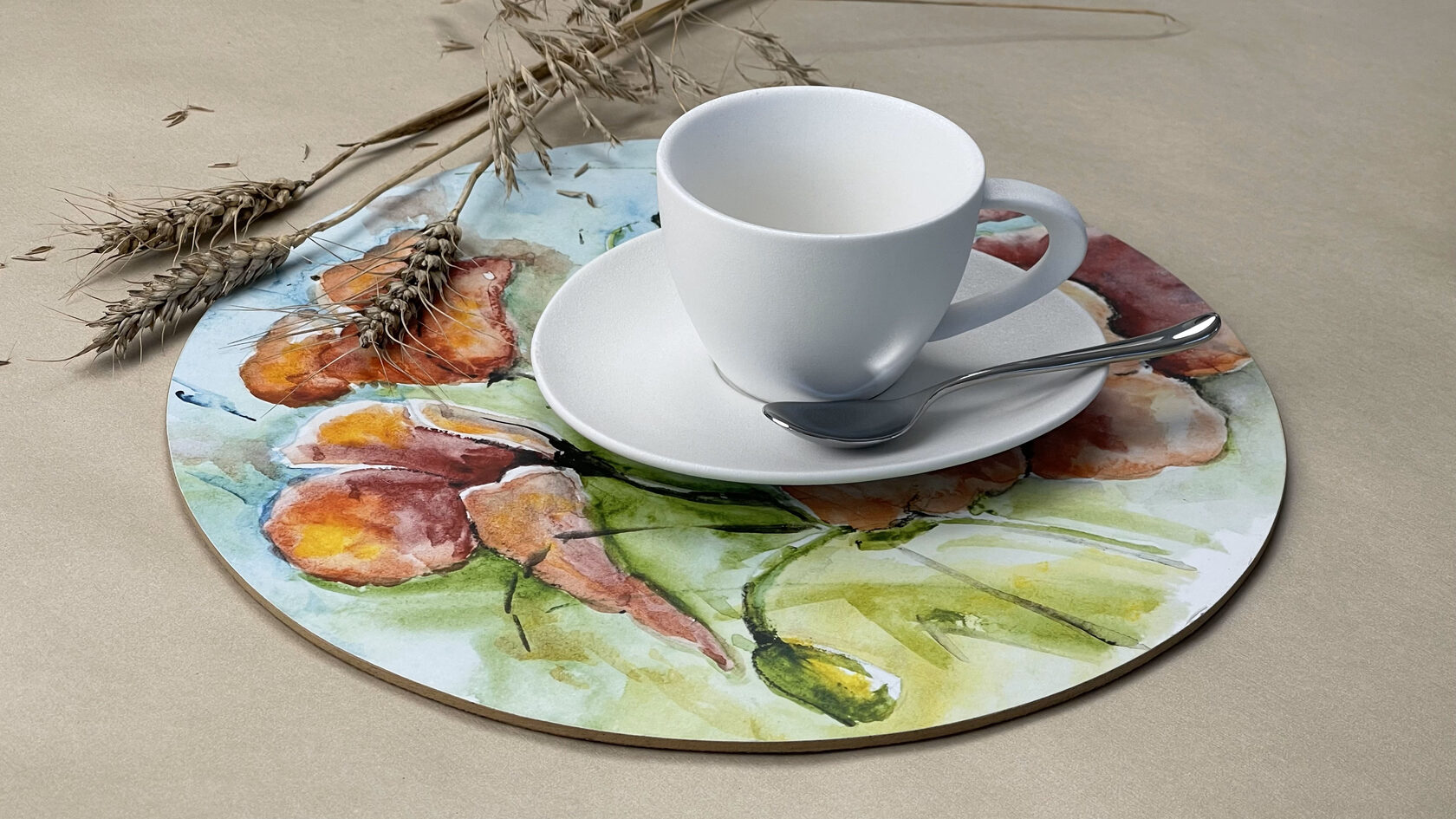 Салфетки сервировочные круглые из пробки "Маки акварель"
