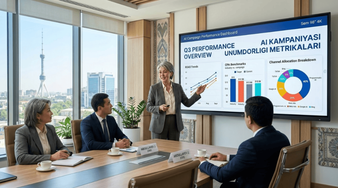 CMO presenting AI-driven performance marketing metrics and ROAS results to an executive team in a Tashkent conference room, illustrating data-driven marketing accountability in 2026.