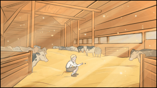 Кадр из рекламной концепции творога: мальчик сидит в амбаре среди коров, передавая атмосферу фермерского хозяйства