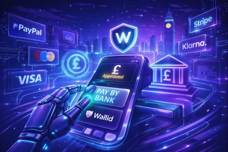 Futuristic illustration of a WooCommerce payment gateway comparison showing pay-by-bank with Wallid alongside card payment providers for UK merchants.