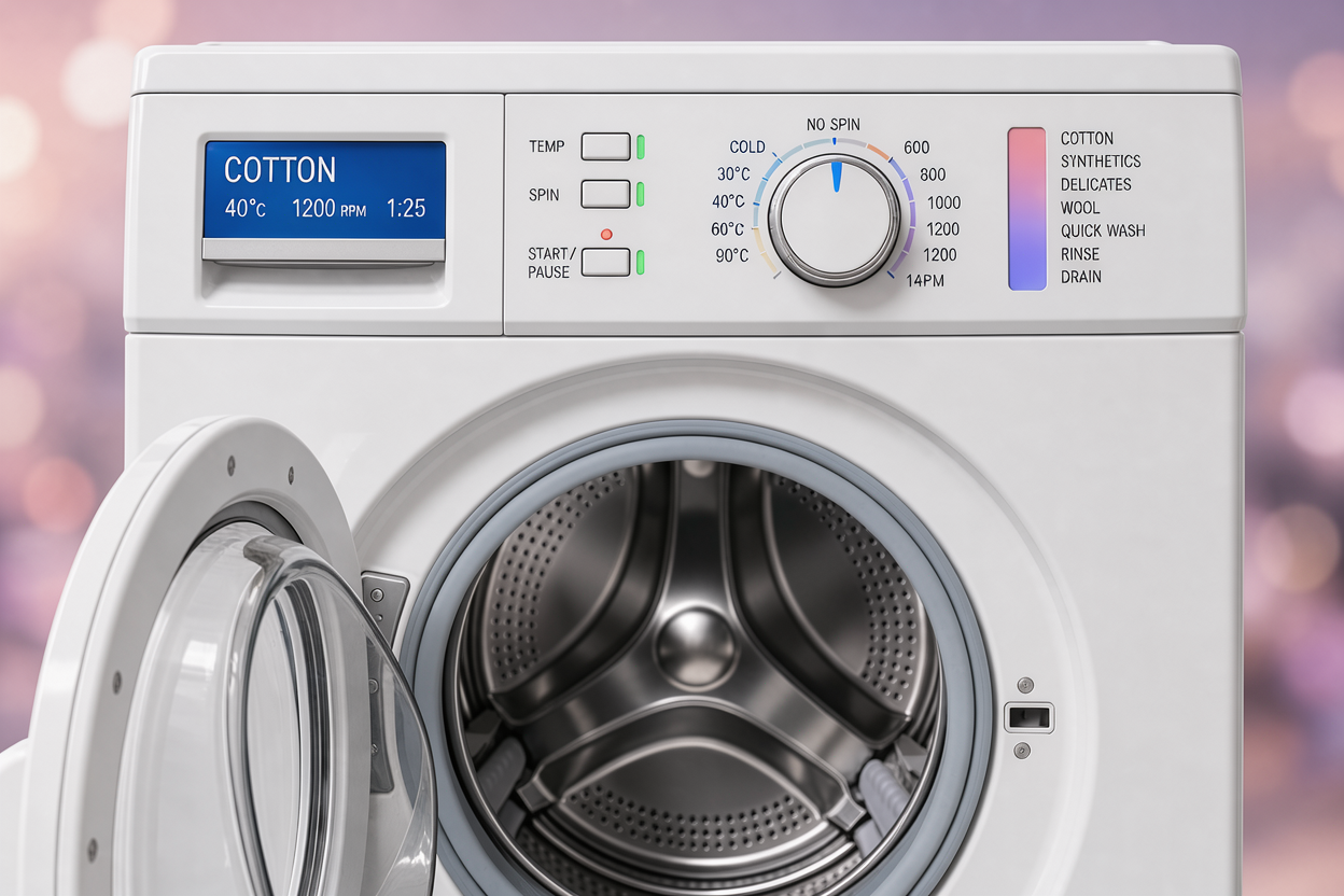 Open washing machine control panel showing generic cycle names and a dial for temperature and spin speed, no brand markings
