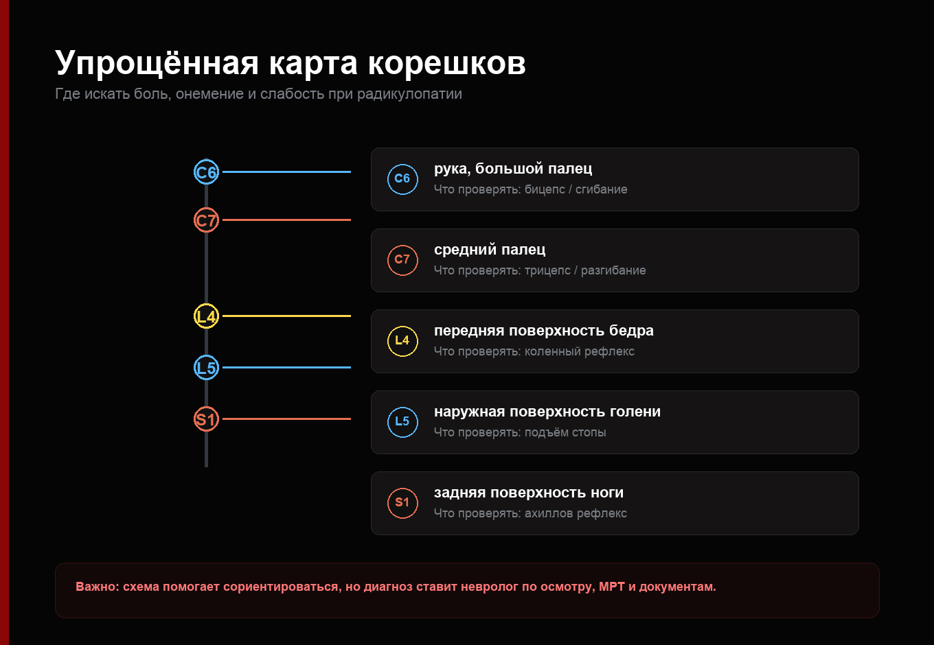Упрощённая карта корешков L4 L5 S1 C6 C7 при радикулопатии