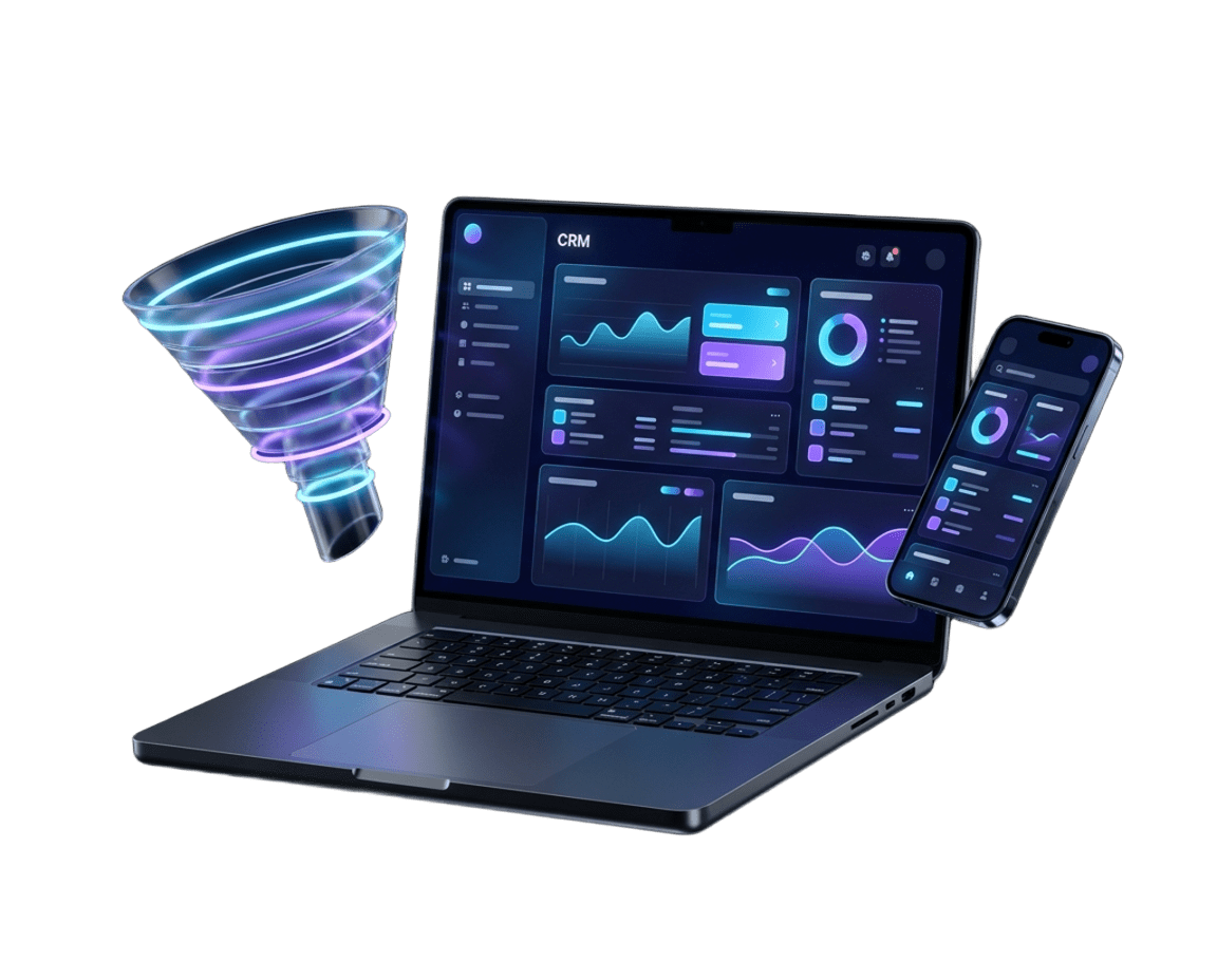 CRM Битрикс24: ноутбук и телефон с воронкой продаж