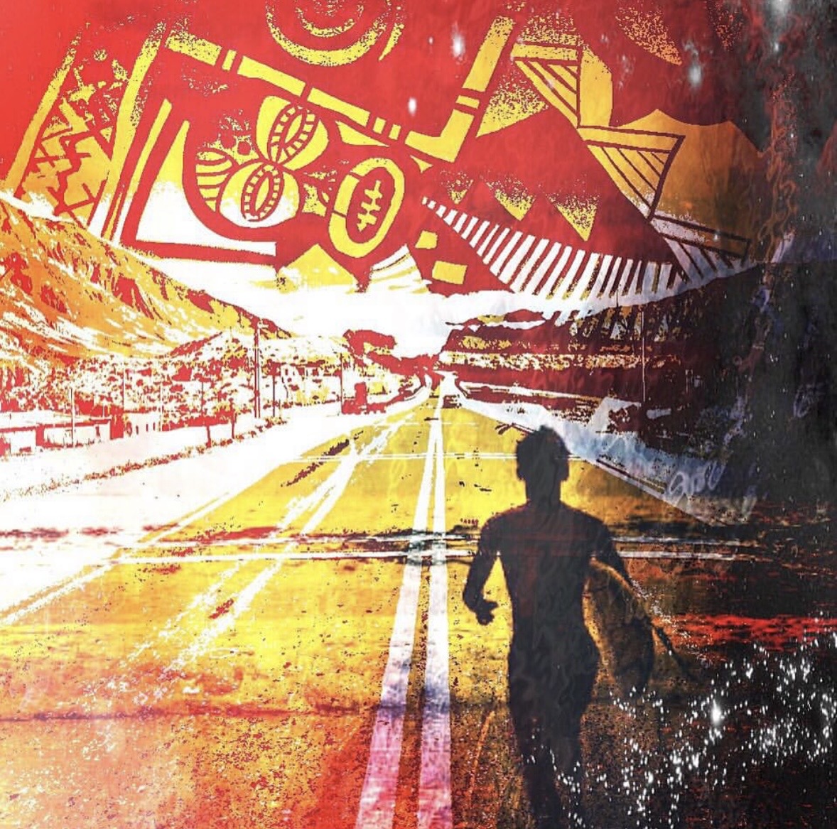 The Road That Played Itself on Repeat — an abstract road vanishing into a red and gold sky
