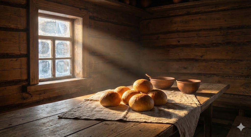 Традиционные круглые булочки на столе в день Антона Перезимника, освещенные зимним солнцем