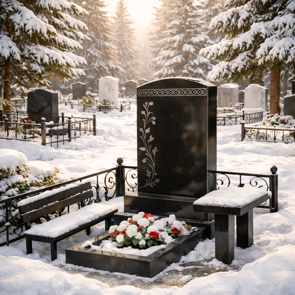 Памятник зимой на кладбище
