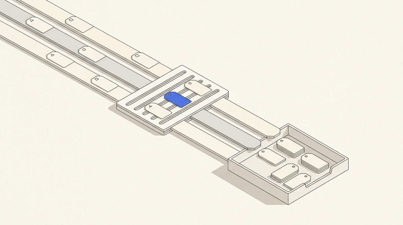 Three routes with shaped tags pass through a template to a shared enquiry tray.
