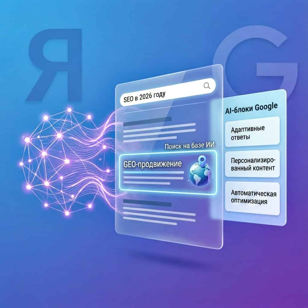 Иллюстрация: SEO в 2026 году — GEO-продвижение, нейроответы Яндекса и ИИ-блоки Google