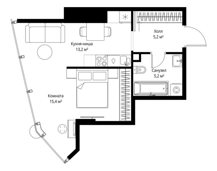 Планировка квартиры с 1 спальней 39 м² в ЖК ONE: 46-й этаж