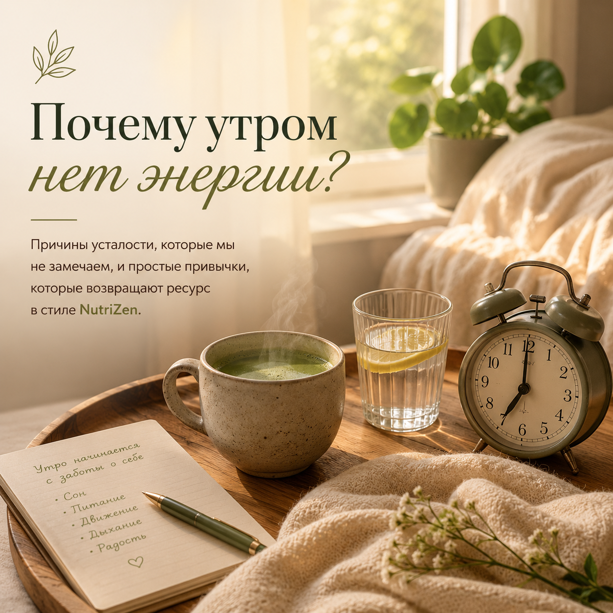 Почему утром нет энергии — спокойное утро в стиле NutriZen с тёплым напитком и мягким солнечным светом.