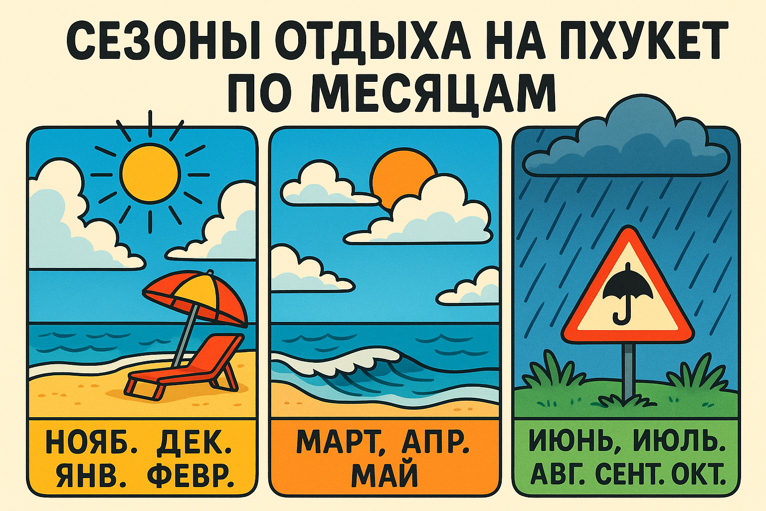 Пхукет — круглогодичный курорт, но каждый сезон здесь по-своему уникален. Для пляжного релакса, переезда, зимовки или инвестиций — лучшее время может отличаться. Разбираем по месяцам, чего ожидать на острове в разное время года и когда оптимально планиров